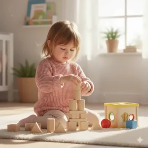 Natural wooden stacking blocks and shape sorters, ideal fine motor skill toys for 2 year old girls.