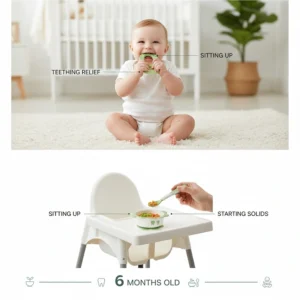 Infographic linking teething toy usage to 6-month-old developmental milestones and oral motor skills.