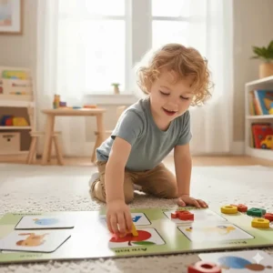 A preschooler matching wooden letter blocks to pictures starting with the same sound for phonics practice.