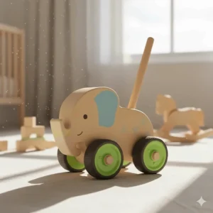 Handcrafted wooden push toy in the shape of a colorful elephant designed for 1 year old motor skill development.