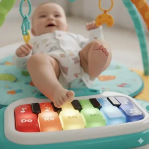 Close-up of a baby's feet hitting the musical keys of a baby play gym piano.
