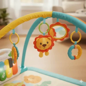 Overhead view of detachable sensory rattle toys and mirrors on a baby play gym arch.