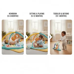 Diagram showing how a baby play gym with piano adapts from newborn to toddler stages.