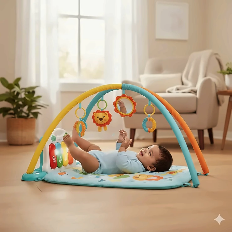 A happy infant lying on a colorful baby play gym with a kick piano and overhead toy arch. baby play gym with piano