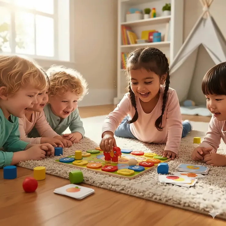 A young child smiling while playing a colorful board game designed for 4-year-old developmental learning. educational games for 4 year olds