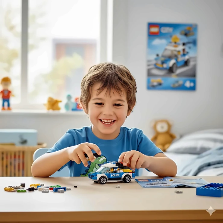 A young boy happily building a colorful LEGO City starter set designed for ages 4 and up. lego sets for 4 year old boy