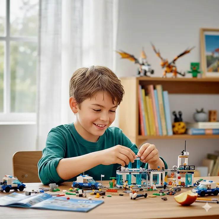 A young boy happily building a complex LEGO City police station set at a desk. lego sets for 7 year old boys