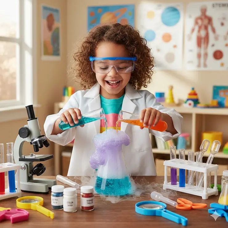 A young child excitedly wearing safety goggles and a lab coat while mixing colorful liquids from a comprehensive science kit for 5 year olds. science kits for 5 year olds