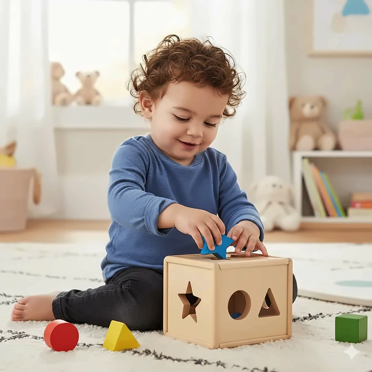 A 18-month-old toddler sitting on a play mat successfully placing a blue star into a wooden shape sorting cube. shape sorting toys 18 months