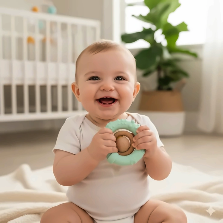 A 6-month-old baby smiling while holding a BPA-free silicone teething ring for gum relief. teething toys for 6 month old