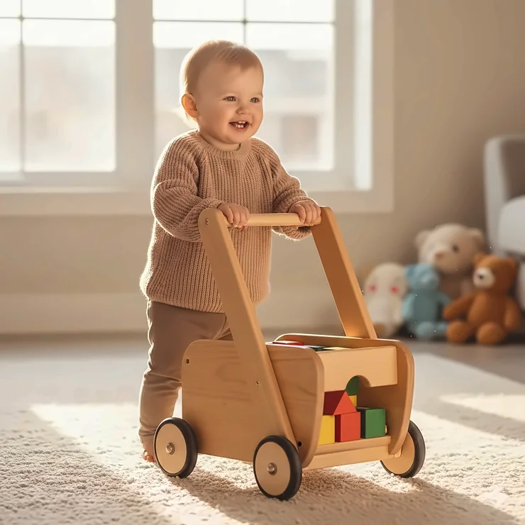 A toddler happily using a classic wooden push toy walker to take their first steps on a light-colored rug. wooden push toys for 1 year old
