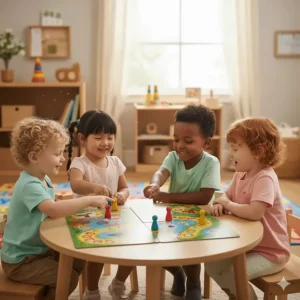 Group of four-year-old children playing a collaborative board game to build social-emotional skills.