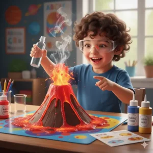 An illustration of a classic baking soda and vinegar volcano eruption experiment for young kids.