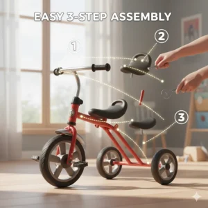 A step-by-step diagram showing how to assemble a classic tricycle for a 3 year old.