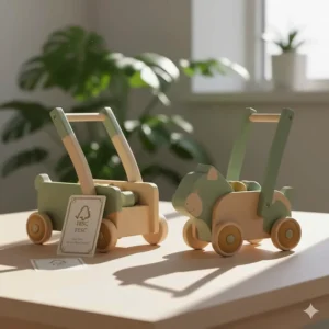 Sustainable, FSC-certified wooden push toys for 1 year old infants finished with non-toxic, water-based paint.