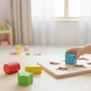 Set of basic geometric shapes including circle, square, and triangle designed for 18-month-old hands.