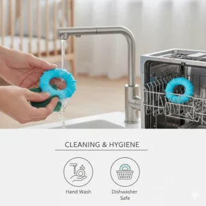 Simple graphic showing the proper way to sanitize and wash teething toys for a 6-month-old.