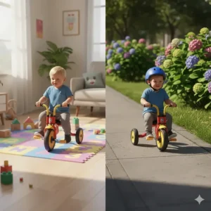 Illustration comparing a tricycle for 3 year olds being used on carpet versus a sidewalk.