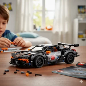 A small LEGO Technic pull-back race car showing functional gears and axles.