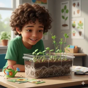 A clear plastic planter from a biology kit showing roots growing underground and a green sprout above.