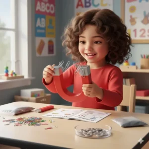 A preschooler using a large horseshoe magnet to pick up paperclips from a beginner magnetism science kit.