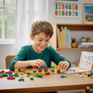 A 7 year old boy using colorful LEGO bricks to practice basic math and counting patterns.