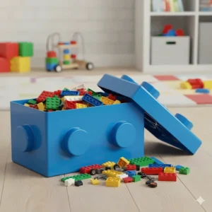 A blue LEGO-shaped storage brick box filled with assorted colorful pieces.