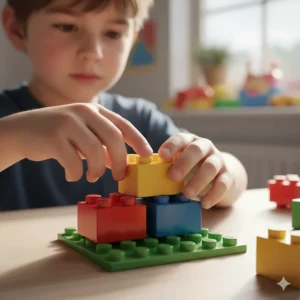 Close-up of a 4 year old boy developing fine motor skills with large LEGO bricks.
