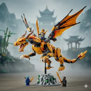 A LEGO NINJAGO dragon building kit with a golden ninja minifigure.