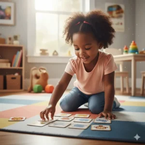 A set of flipped-over memory cards featuring animals, used as an educational memory game for preschoolers.