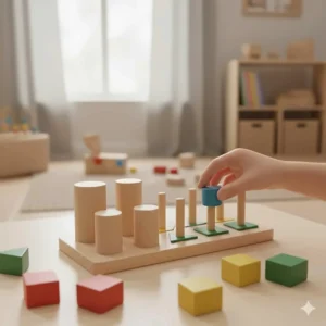 Minimalist Montessori-style wooden peg board for sorting shapes by size and complexity.