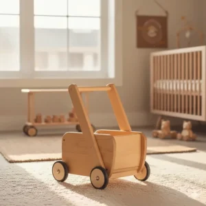 Minimalist Montessori-style wooden push toy with a natural wood finish, perfect for 1 year old nursery decor.