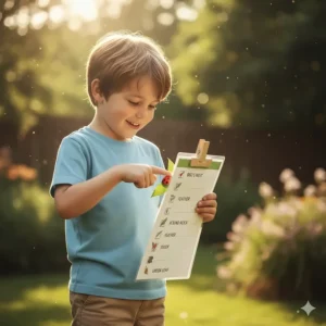 An illustrated checklist for a backyard nature scavenger hunt game designed for 4-year-olds.