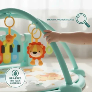 Illustration highlighting BPA-free materials and rounded edges on a baby play gym with piano.
