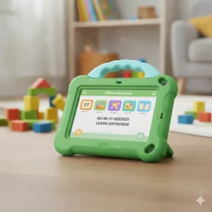 Illustration of a tablet playing educational videos and games without a Wi-Fi connection.