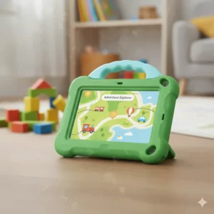 A small child-sized learning tablet with a built-in handle for easy carrying by a 2-year-old.
