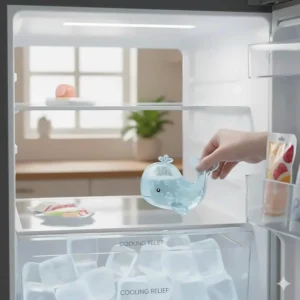 Illustration of a water-filled cooling teether being chilled to soothe a 6-month-old's sore gums.