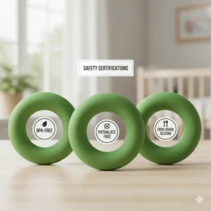 Illustration showing safety standards for teething toys for 6 month old infants, including non-toxic material labels.