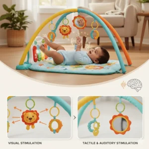 Illustration showing the visual and auditory stimulation features of a baby play gym with piano.