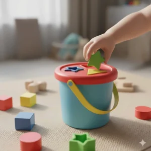 Portable plastic shape sorting bucket with a carry handle and various geometric lid inserts.