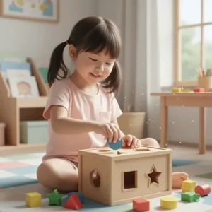 A 4-year-old girl identifying and sorting geometric 3D shapes into a wooden sorting box.