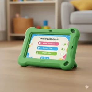 An illustration of parent-managed screen time limits and content filters on a child's device.