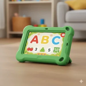 Digital interface of a 2-year-old learning tablet showing ABCs and number games.