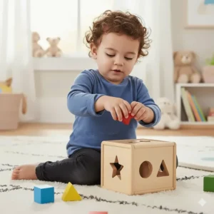 An 18-month-old child focused on rotating a block to fit a specific slot, highlighting early problem-solving skills.