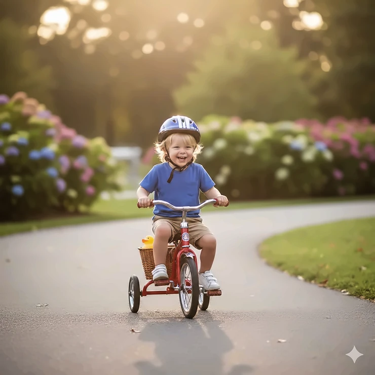 A happy toddler riding a red tricycle for a 3 year old on a paved park path. tricycle for 3 year old