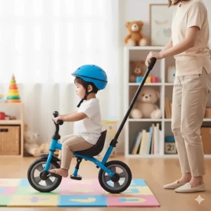 Digital drawing of a tricycle for 3 year olds equipped with a removable parental steering handle.