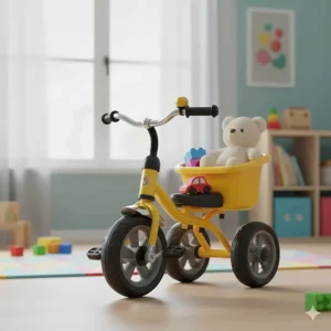 Illustration of a colorful tricycle for 3 year olds featuring a rear storage basket for toys.