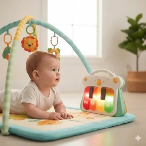 Infant practicing tummy time on a padded mat with a baby play gym piano in view.