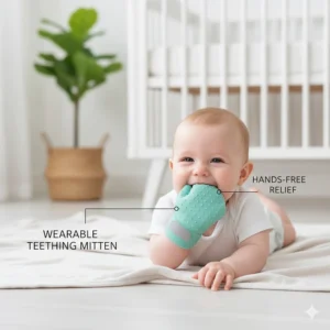 Illustration of a silicone teething mitten, a popular teething toy for 6 month old babies who drop handheld toys.