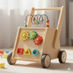 Multi-functional wooden activity walker for 1 year olds featuring colorful gears, beads, and a shape sorter.